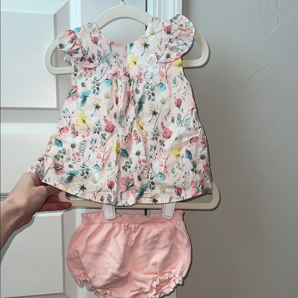 Floral Kids Dress Ruffles Floral Butterfly Appliqué Set with Bloomers with Bow